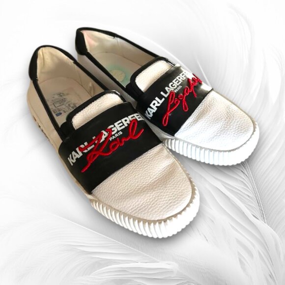 Karl Lagerfeld Paris White Black Red Slip-On Sneakers Size: 7.5 - Picture 2 of 6